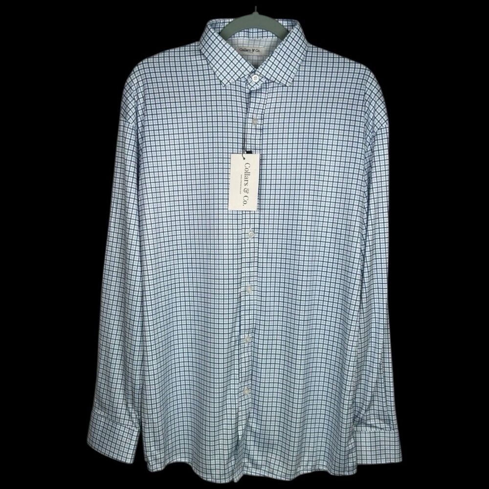 Collars & Co Polo Shirt Mens 2XL Blue Tattersall Dress Collar Long Sleeve NWT